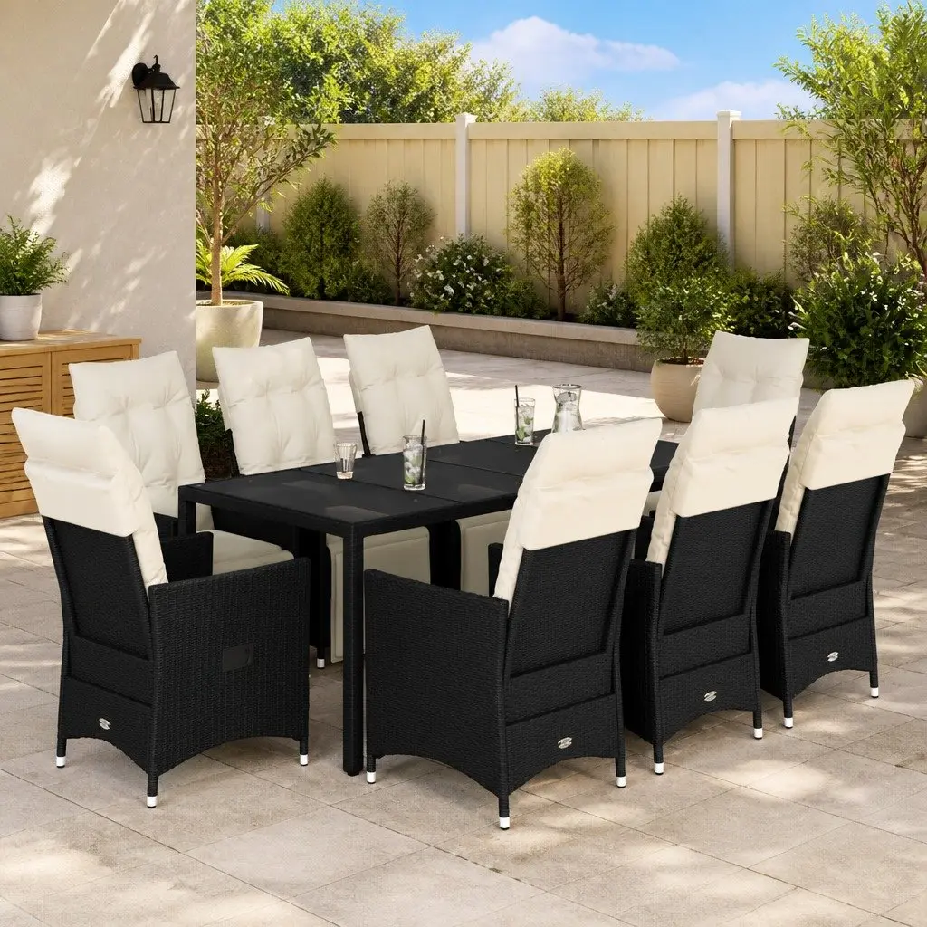 Garden Dining Set 9 Piece PE Rattan Outdoor Furniture Black Table Chairs Cushions