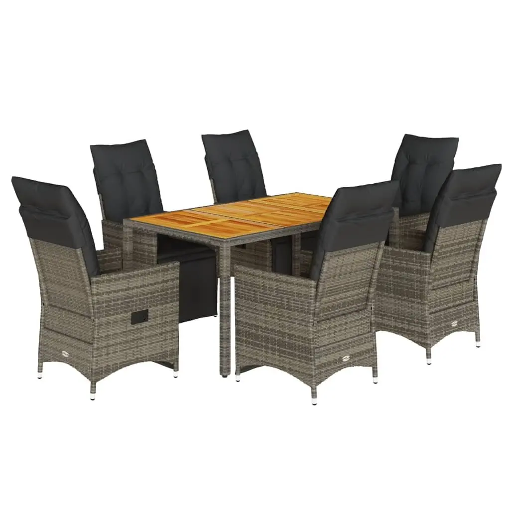 7 Piece Garden Bistro Set PE Rattan Acacia Wood Table Grey Outdoor Furniture with Cushions