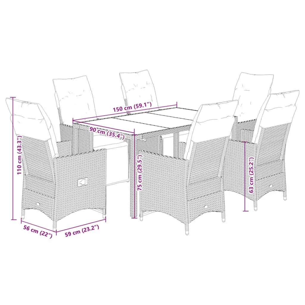 7 Piece Garden Bistro Set PE Rattan Acacia Wood Table Grey Outdoor Furniture with Cushions