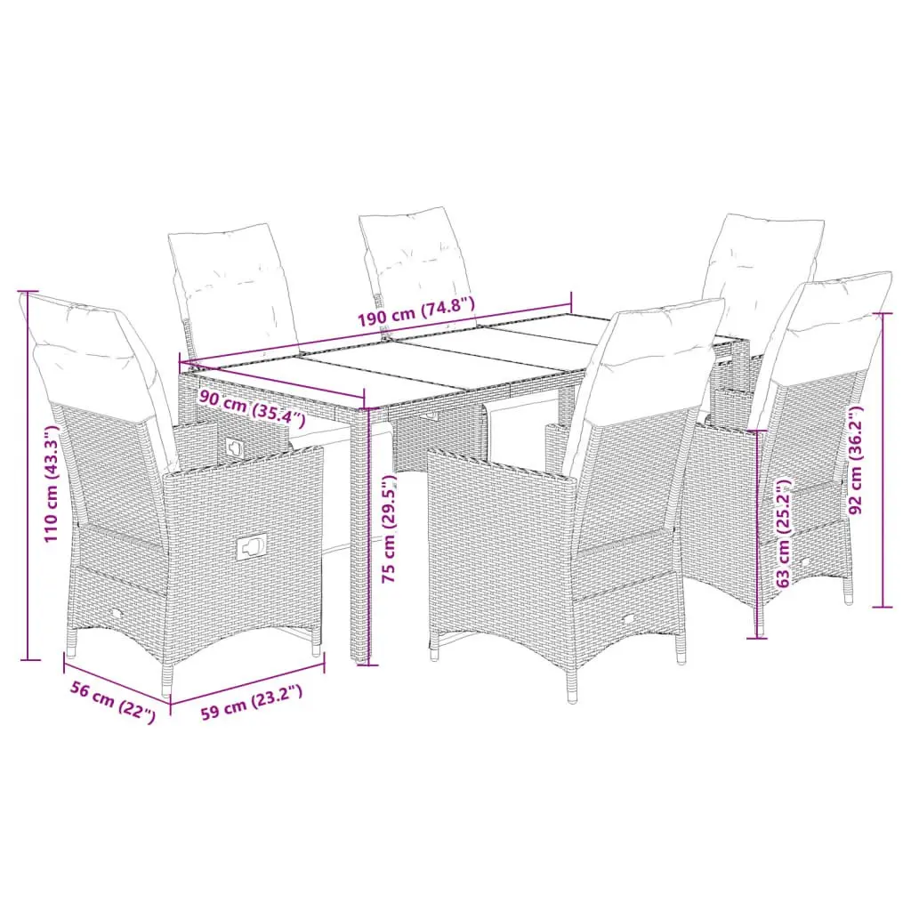 Garden Bistro Set 7 Piece Poly Rattan Outdoor Furniture with Cushions Grey