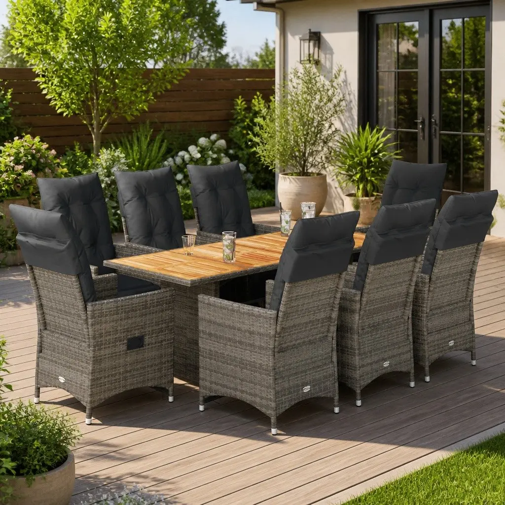 9PieceBistroSetOutdoorFurnitureAdjustableCushionsGreyPolyRattanAcaciaWoodTabletop