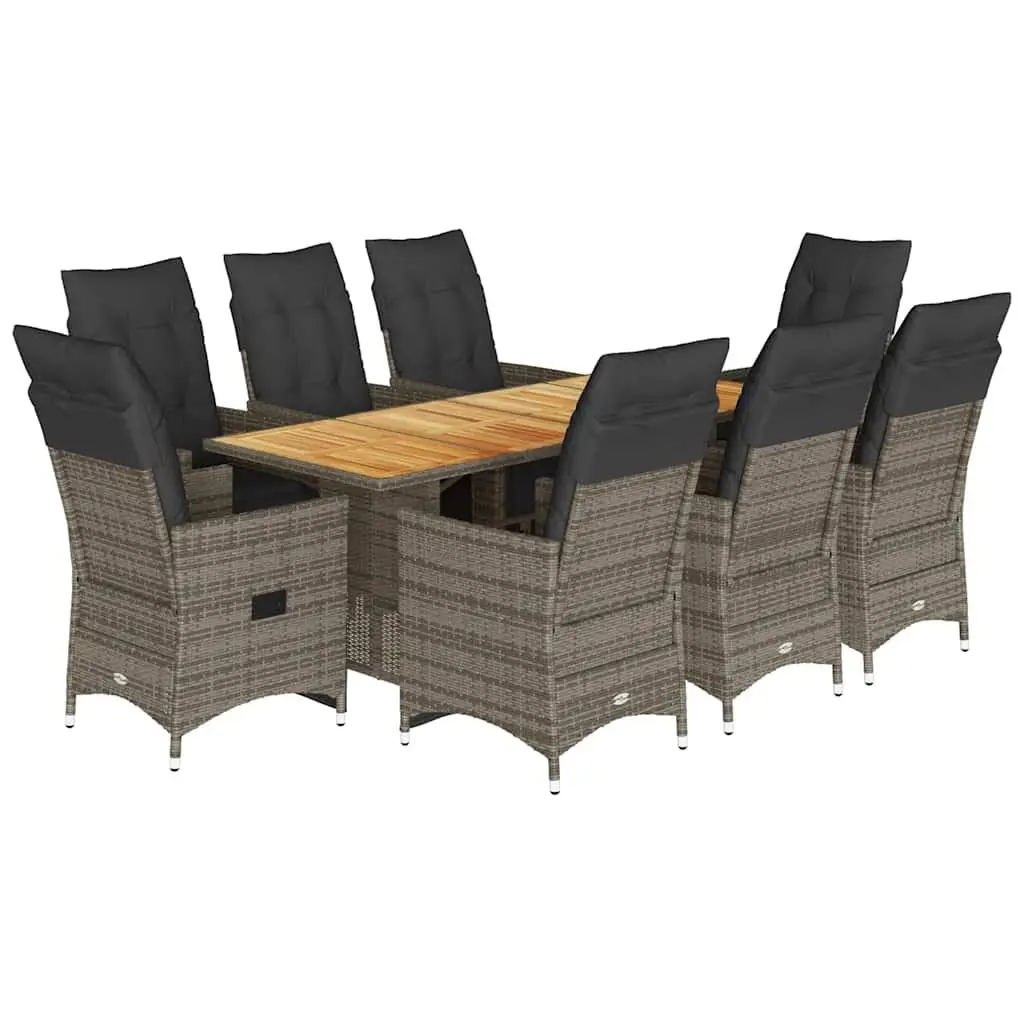 9PieceBistroSetOutdoorFurnitureAdjustableCushionsGreyPolyRattanAcaciaWoodTabletop