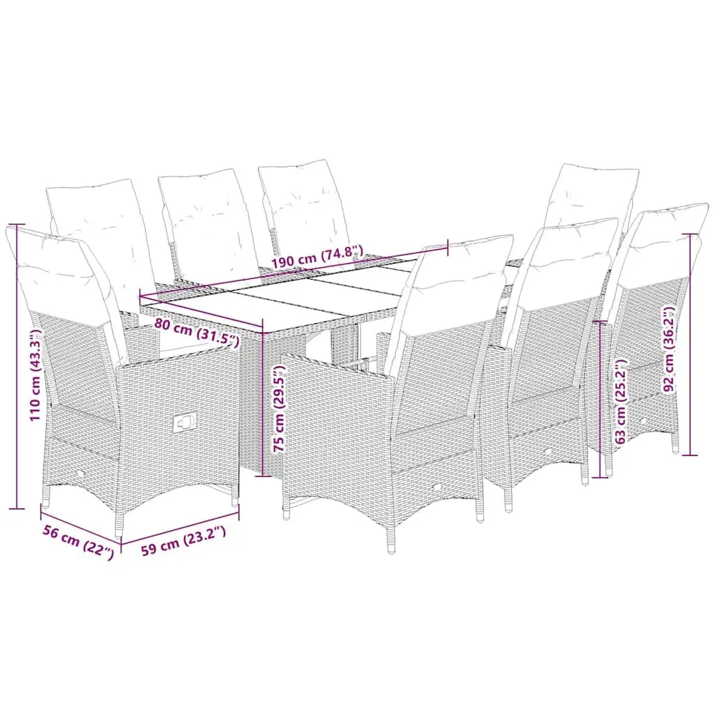 9PieceBistroSetOutdoorFurnitureAdjustableCushionsGreyPolyRattanAcaciaWoodTabletop