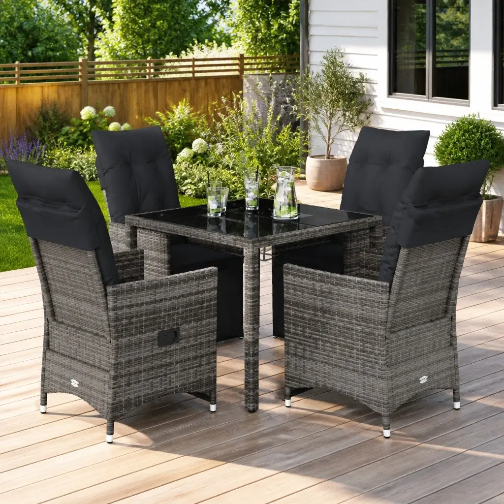 5 Piece Garden Bistro Set PE Poly Rattan Grey with Cushions and Tempered Glass Table