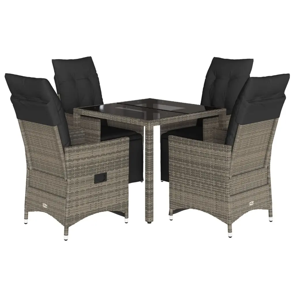 5 Piece Garden Bistro Set PE Poly Rattan Grey with Cushions and Tempered Glass Table