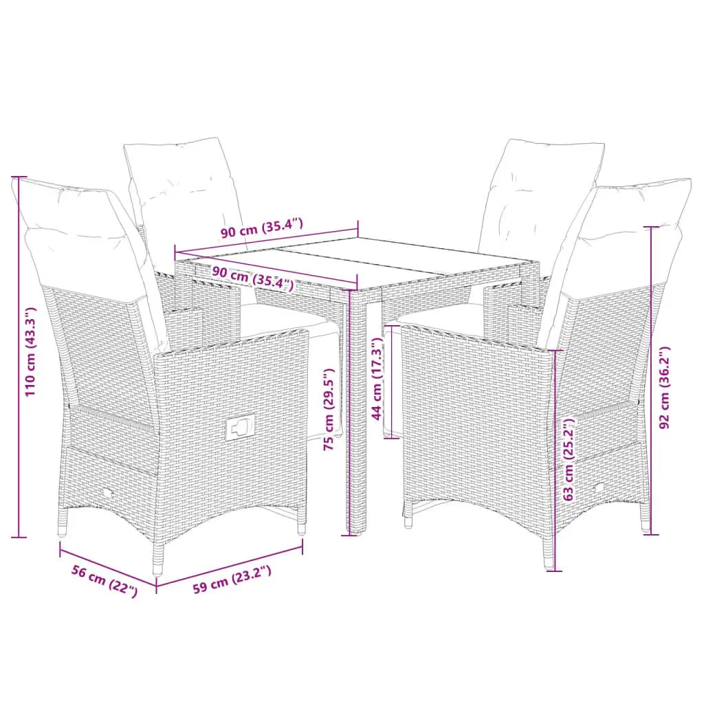 5 Piece Garden Bistro Set PE Poly Rattan Grey with Cushions and Tempered Glass Table