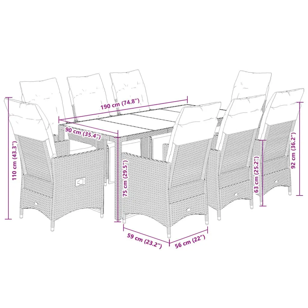 Garden Bistro Set 9 Piece Outdoor Furniture Grey Poly Rattan with Cushions