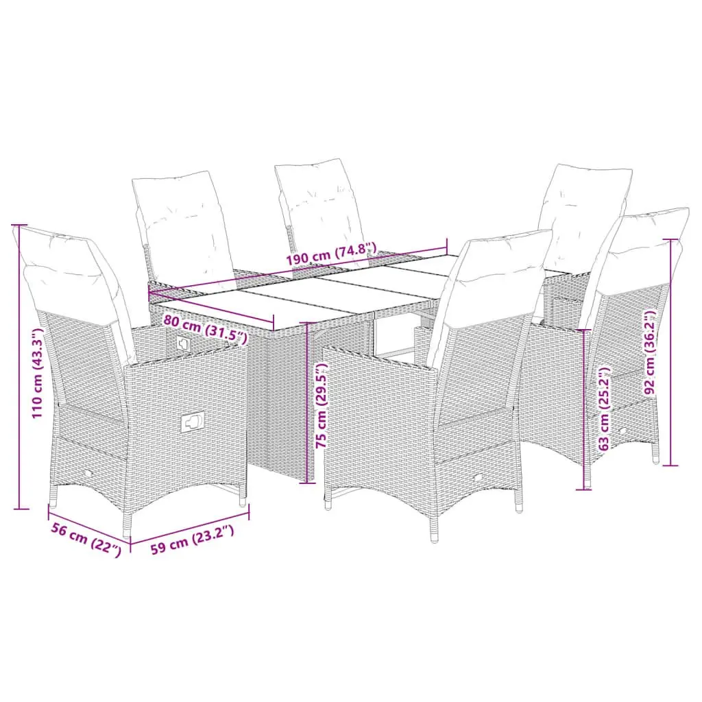 7 Piece Bistro Set Outdoor Furniture Grey Rattan Construction with Cushions and Tempered Glass Table