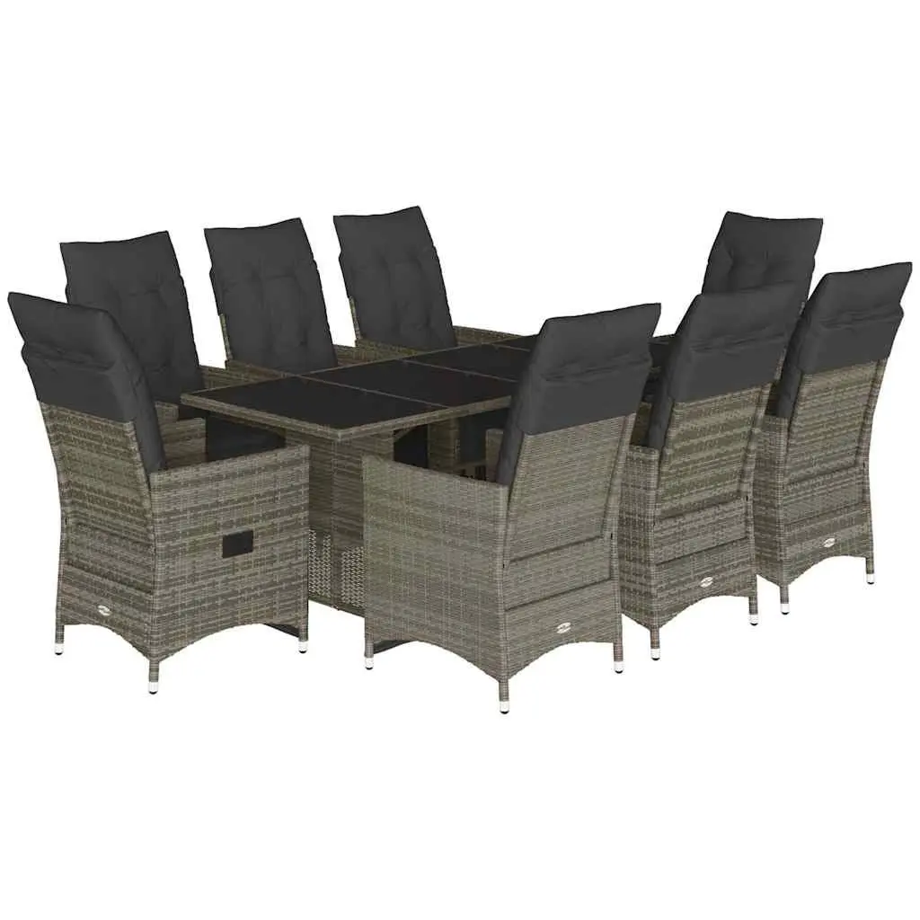 9 Piece Outdoor Furniture Set Grey Poly Rattan with Cushions Adjustable Backrest and Glass Tabletop