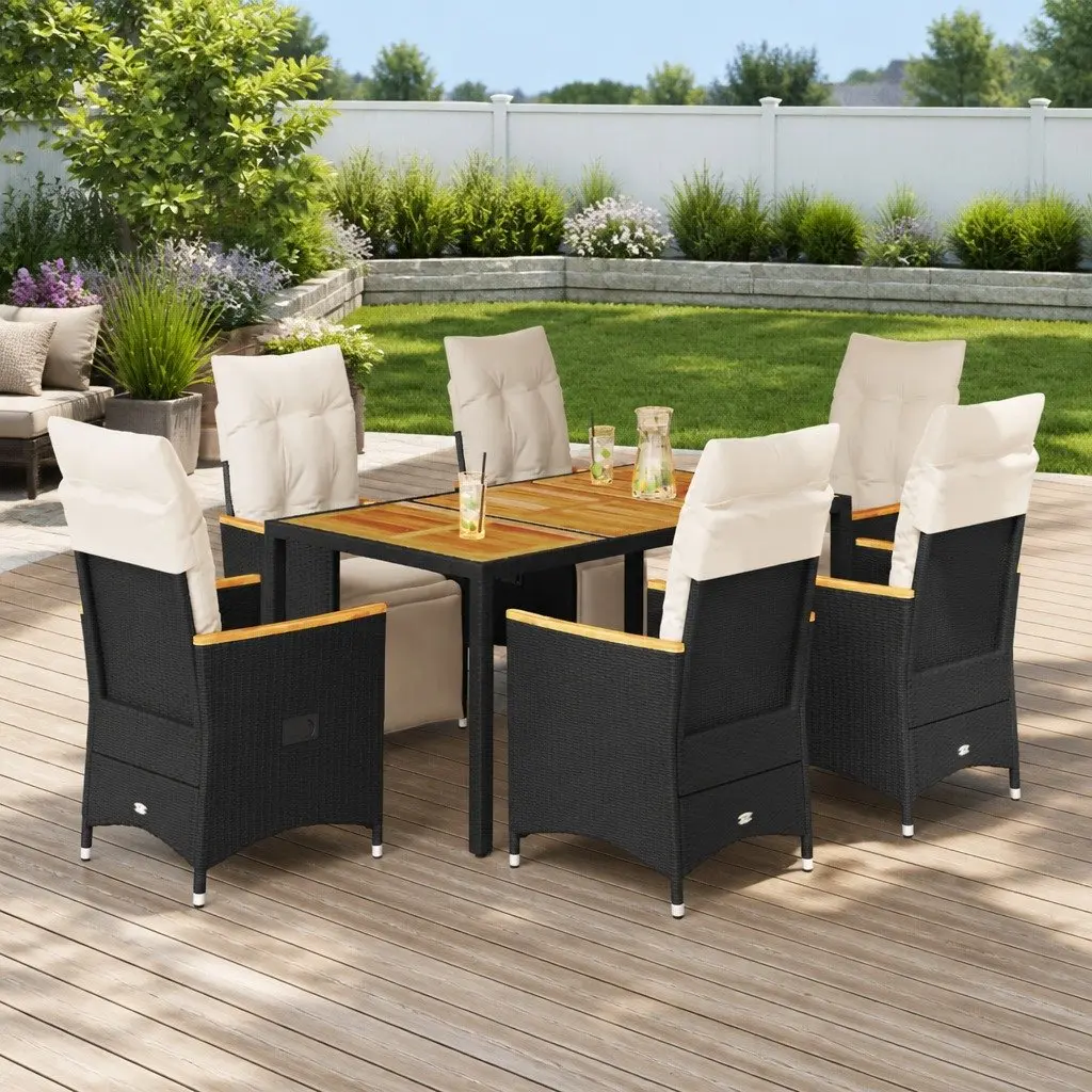 7 Piece Outdoor Furniture Bistro Set PE Rattan Black with Cushions Acacia Wood Table
