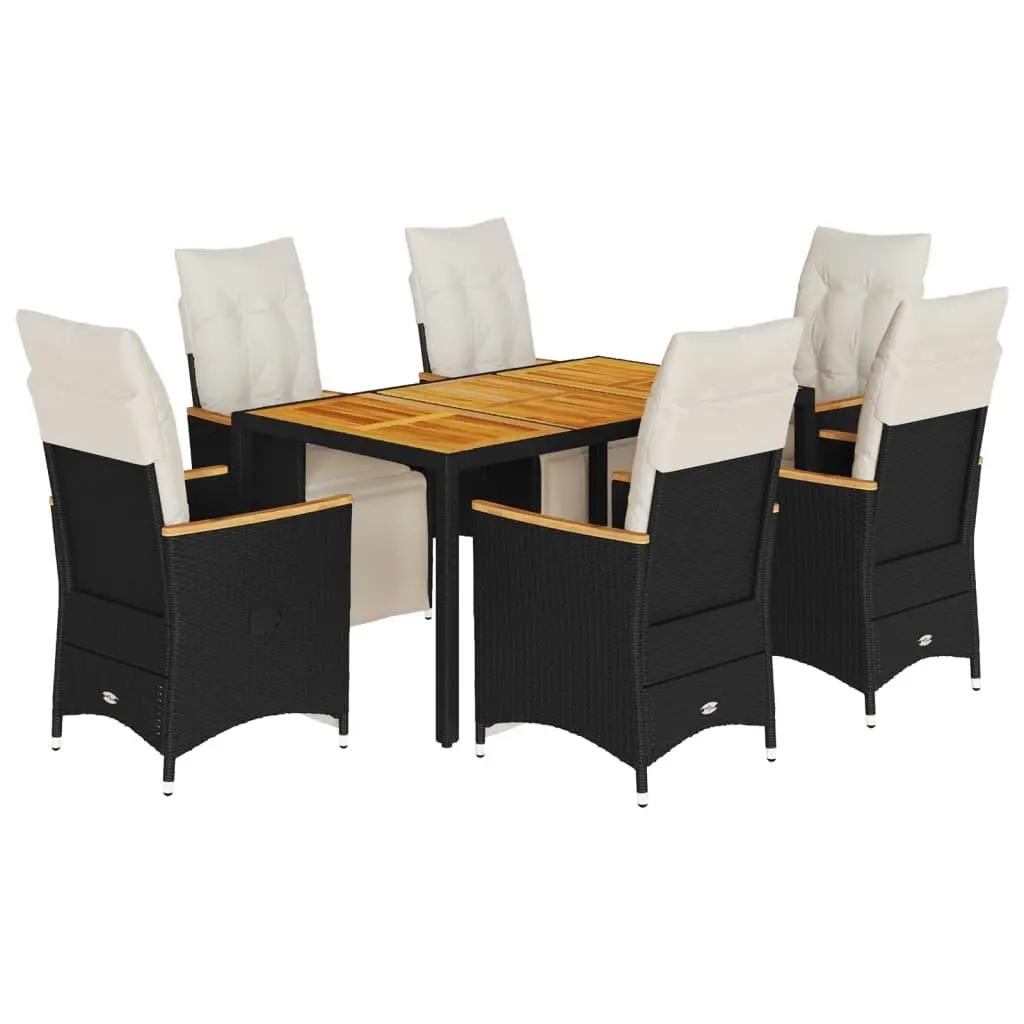 7 Piece Outdoor Furniture Bistro Set PE Rattan Black with Cushions Acacia Wood Table
