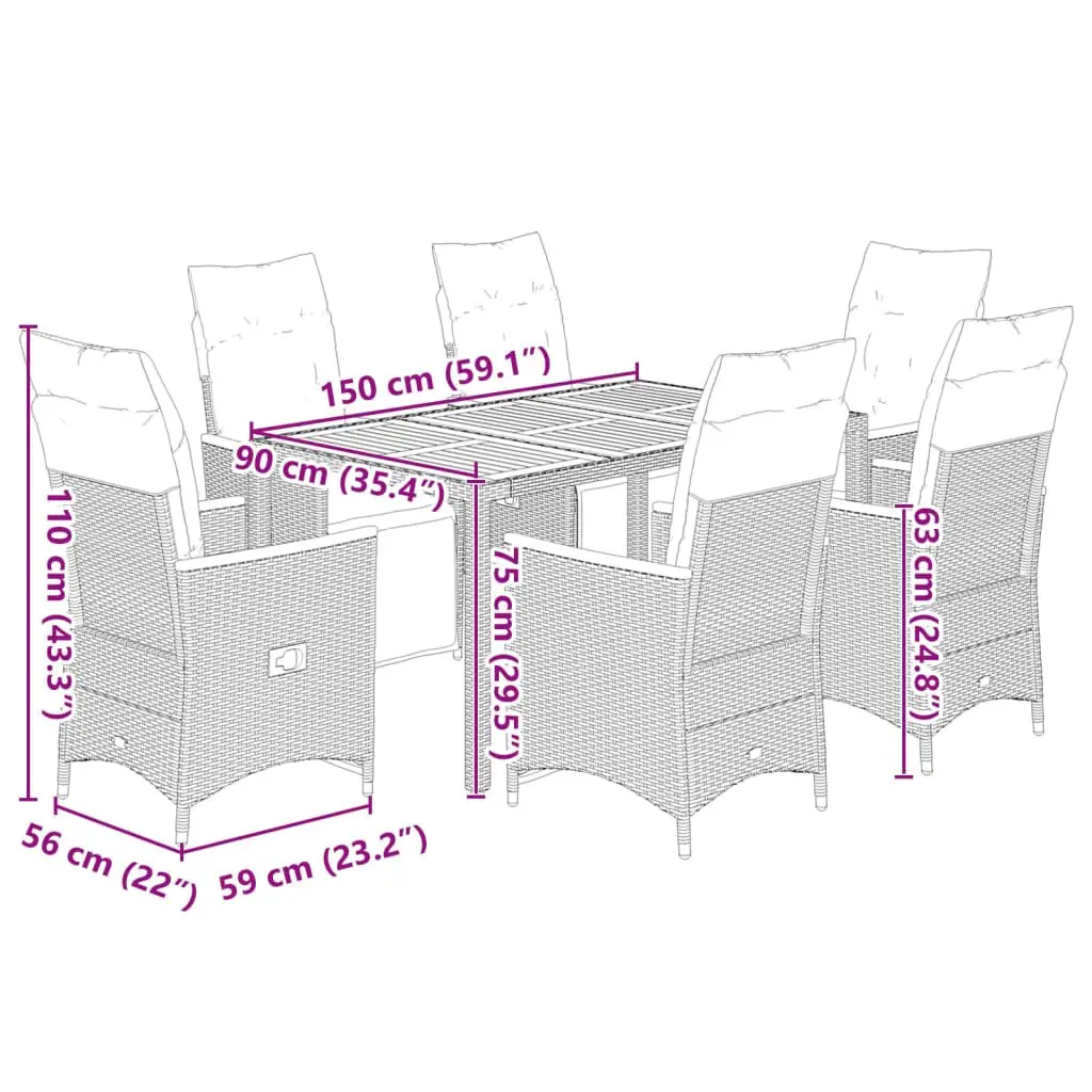 7 Piece Outdoor Furniture Bistro Set PE Rattan Black with Cushions Acacia Wood Table