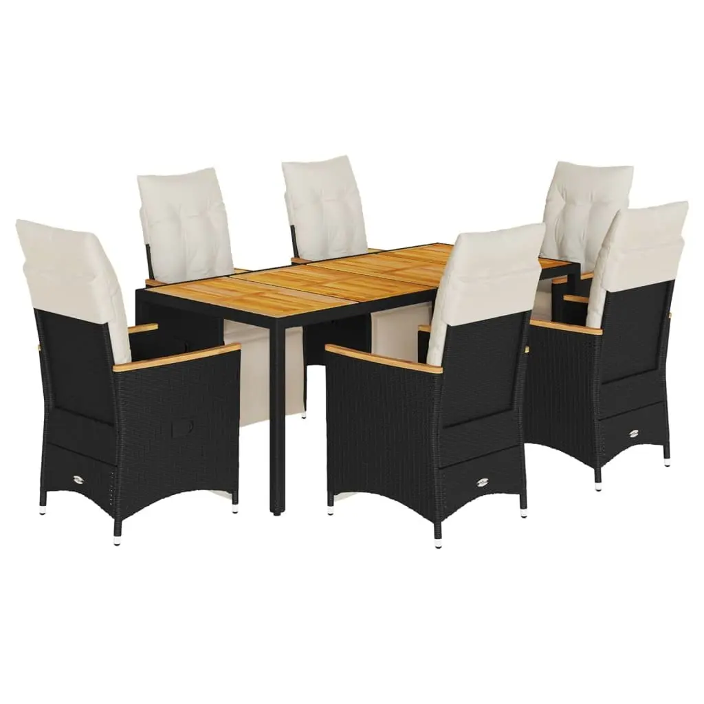 7 Piece Outdoor Bistro Furniture Set PE Rattan Black with Acacia Wood Table and Cushioned Chairs