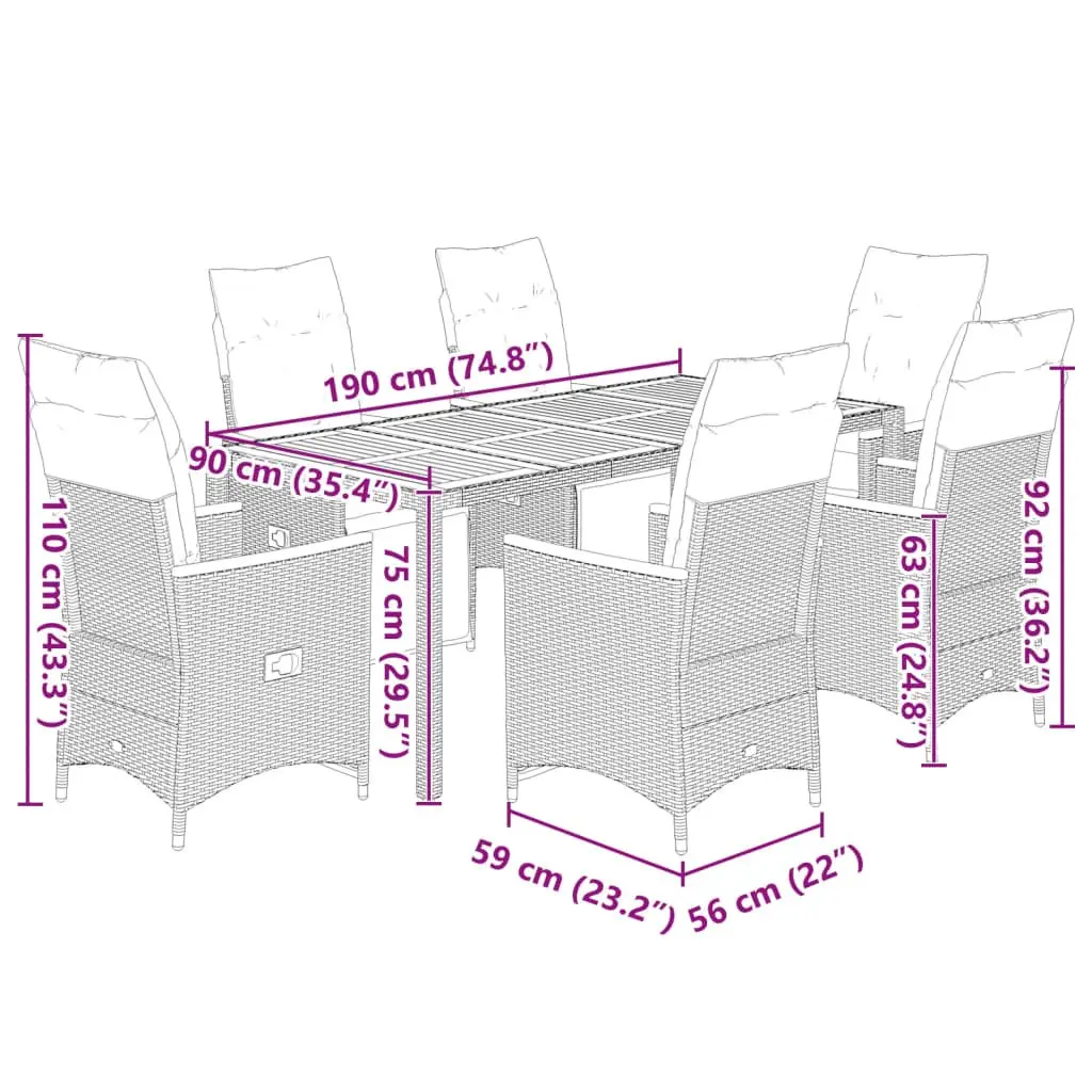 7 Piece Outdoor Bistro Furniture Set PE Rattan Black with Acacia Wood Table and Cushioned Chairs