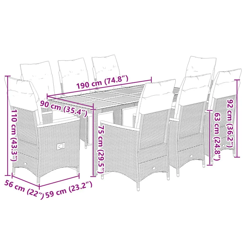 9 Piece Garden Bistro Set Poly Rattan Outdoor Furniture Black with Cushions