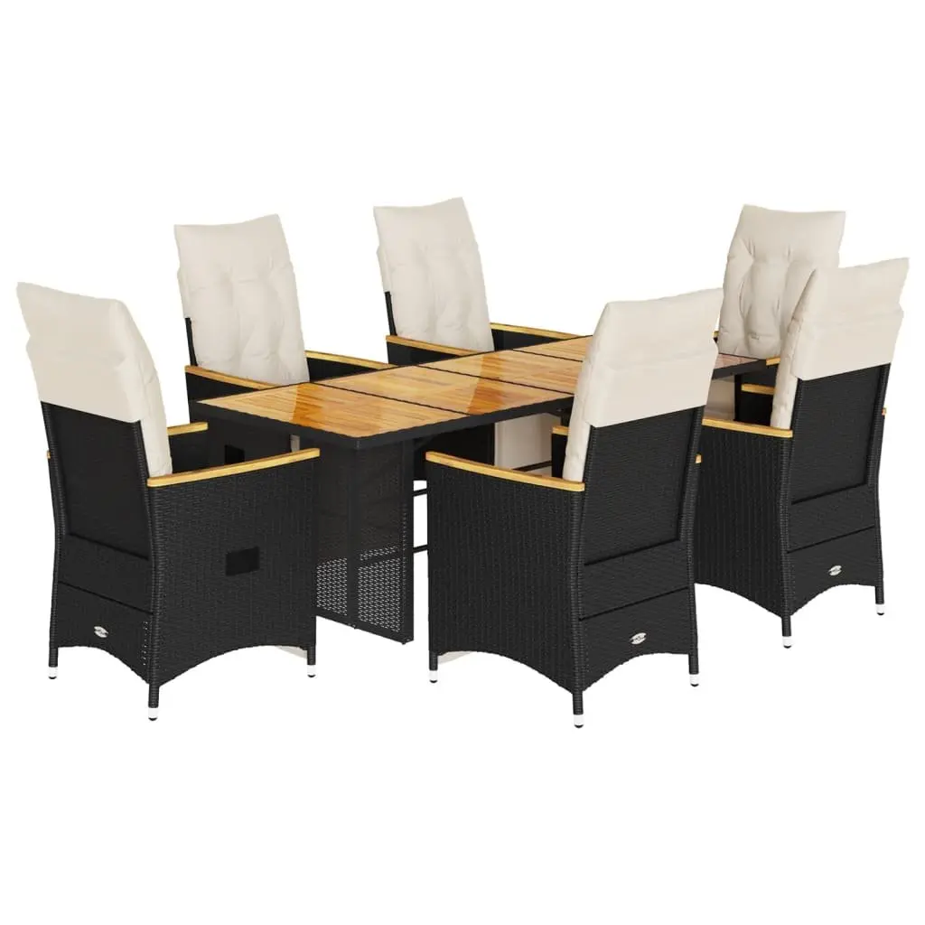 7 Piece Garden Bistro Set PE Rattan Black with Acacia Wood Tabletop and Cushions