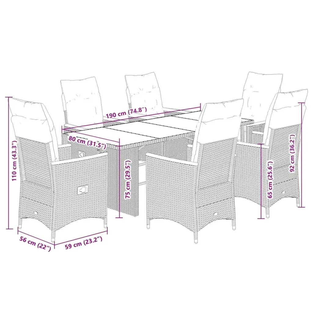 7 Piece Garden Bistro Set PE Rattan Black with Acacia Wood Tabletop and Cushions
