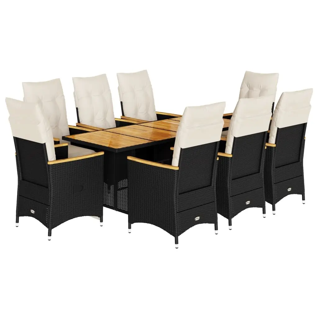 9 Piece Garden Bistro Set Outdoor Furniture Black Poly Rattan with Cushions