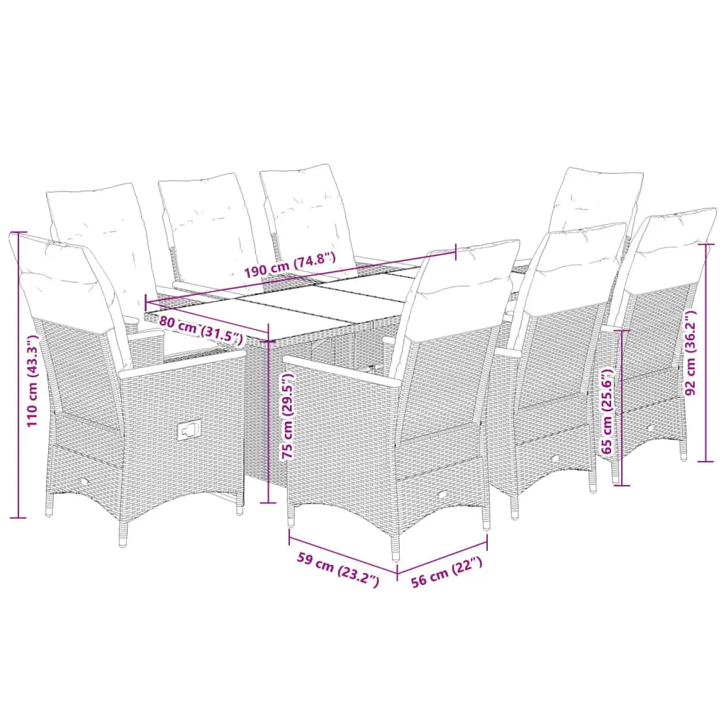 9 Piece Garden Bistro Set Outdoor Furniture Black Poly Rattan with Cushions