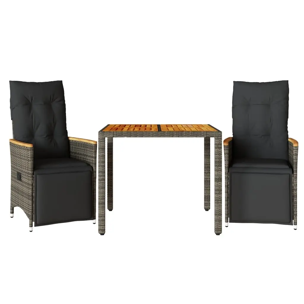 Bistro Set Poly Rattan 3 Piece Outdoor Furniture Grey with Cushions