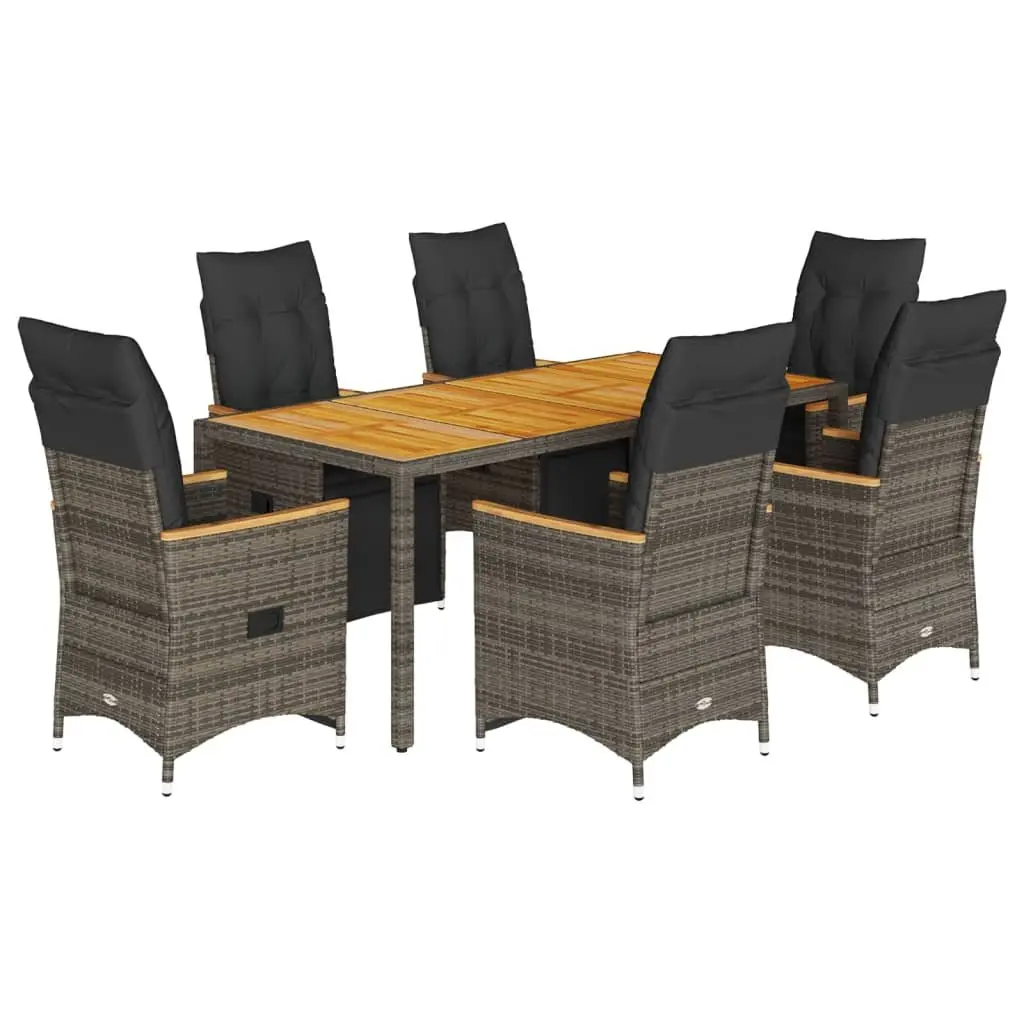 Garden Bistro Set 7 Piece PE Rattan Frame Acacia Wood Table Grey
