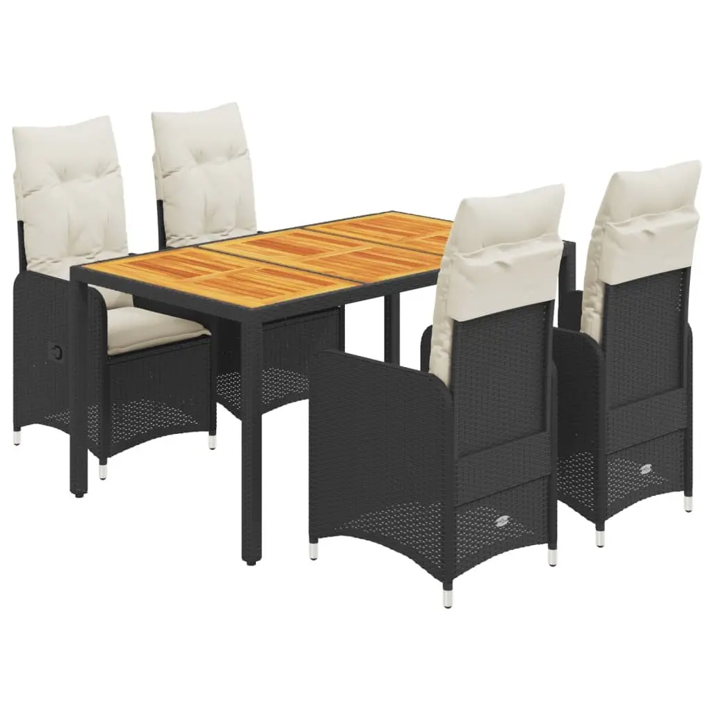 5 Piece Bistro Set Poly Rattan Black Outdoor Furniture with Acacia Wood Tabletop and Cushions