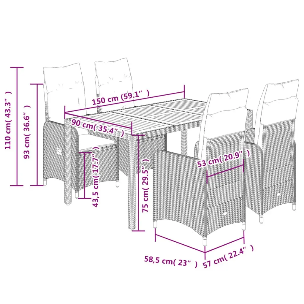 5 Piece Bistro Set Poly Rattan Black Outdoor Furniture with Acacia Wood Tabletop and Cushions