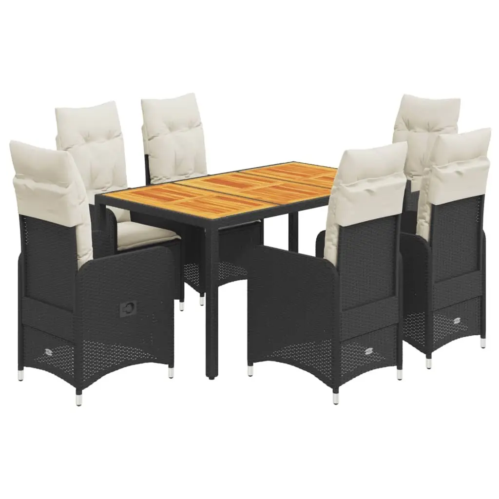 7 Piece Garden Bistro Set PE Rattan Adjustable Backrest Black with Cushions