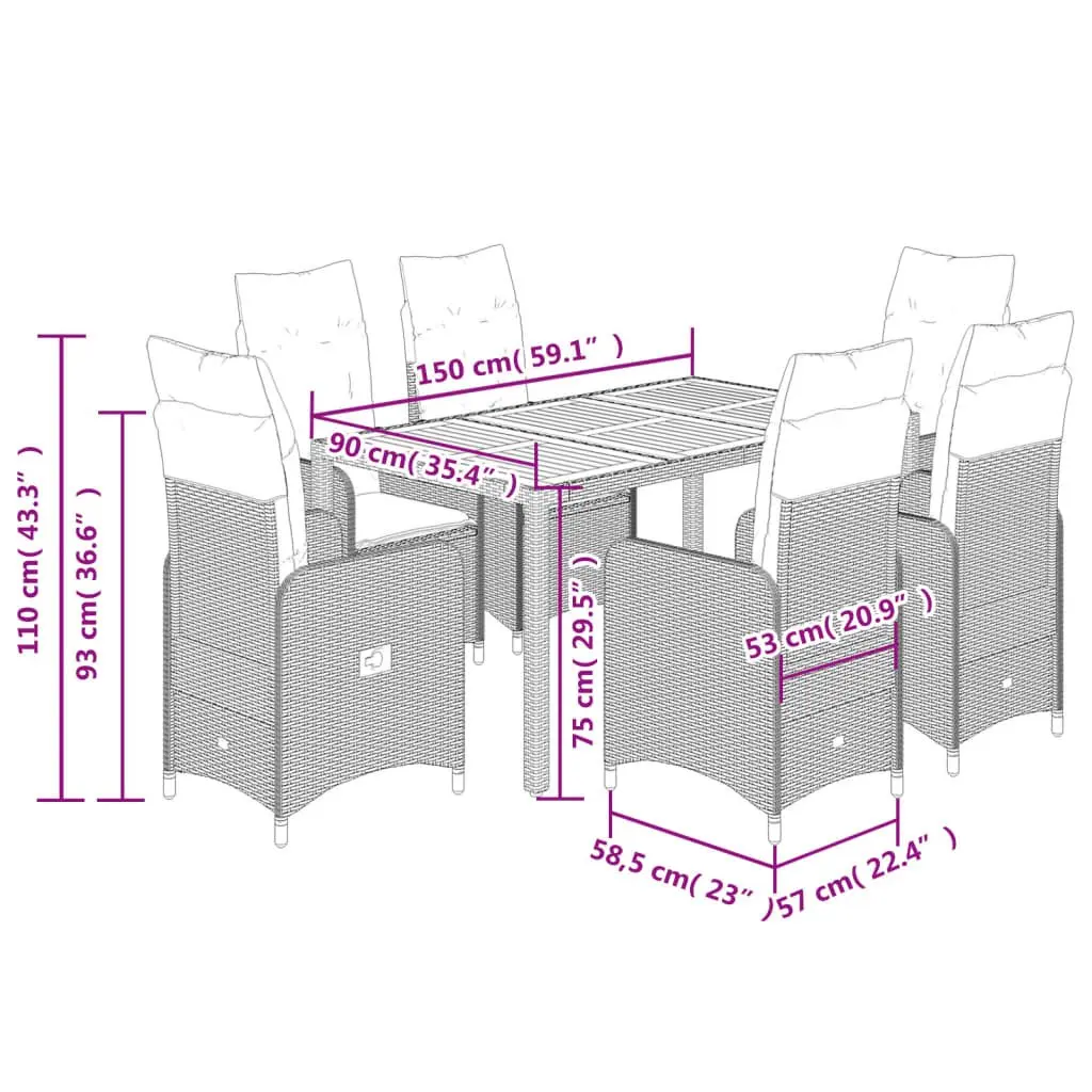 7 Piece Garden Bistro Set PE Rattan Adjustable Backrest Black with Cushions