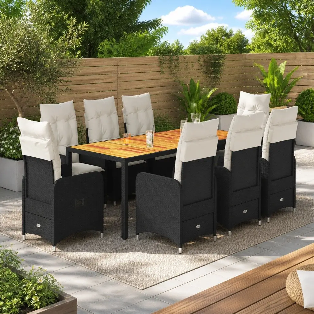 9 Piece Bistro Set Outdoor Furniture PE Rattan Black Acacia Wood Table Chairs