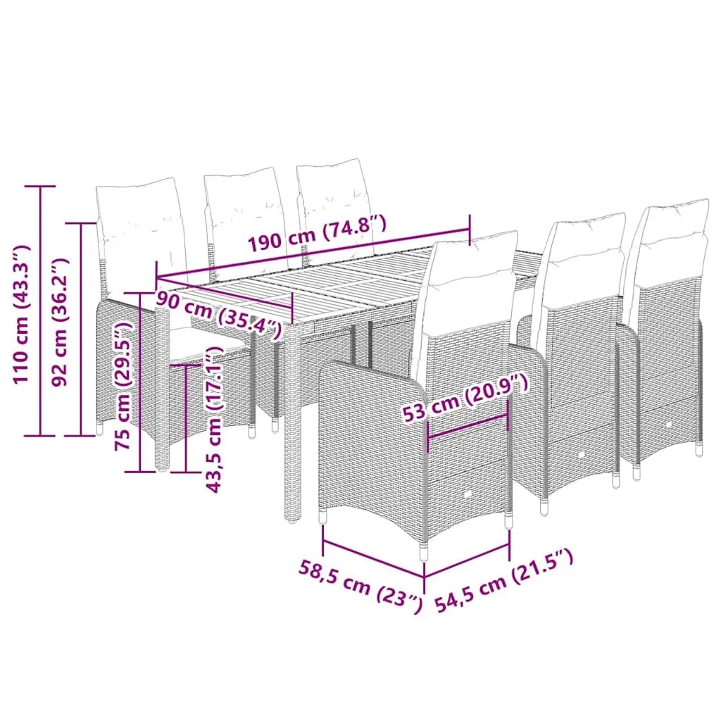 9 Piece Bistro Set Outdoor Furniture PE Rattan Black Acacia Wood Table Chairs