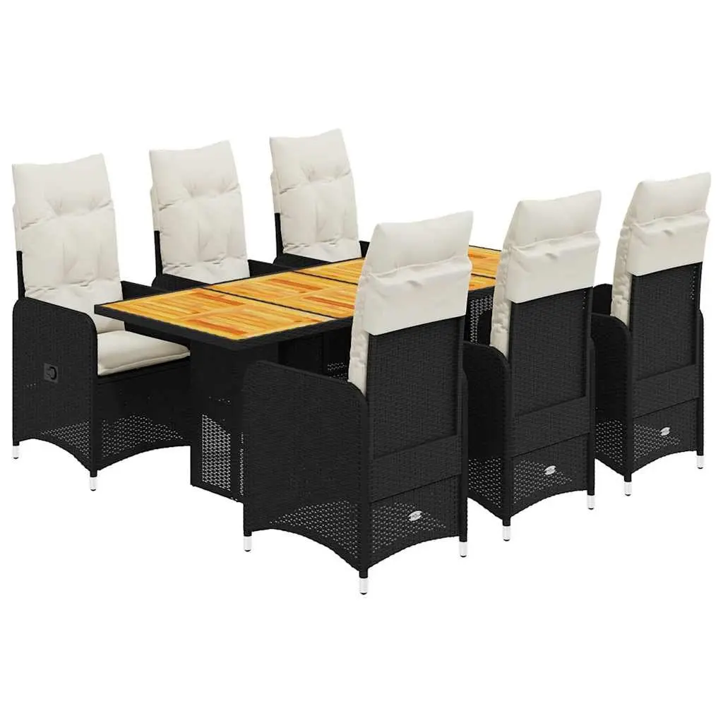 7 Piece Outdoor Bistro Set PE Rattan Acacia Wood Table Black with Padded Cushions