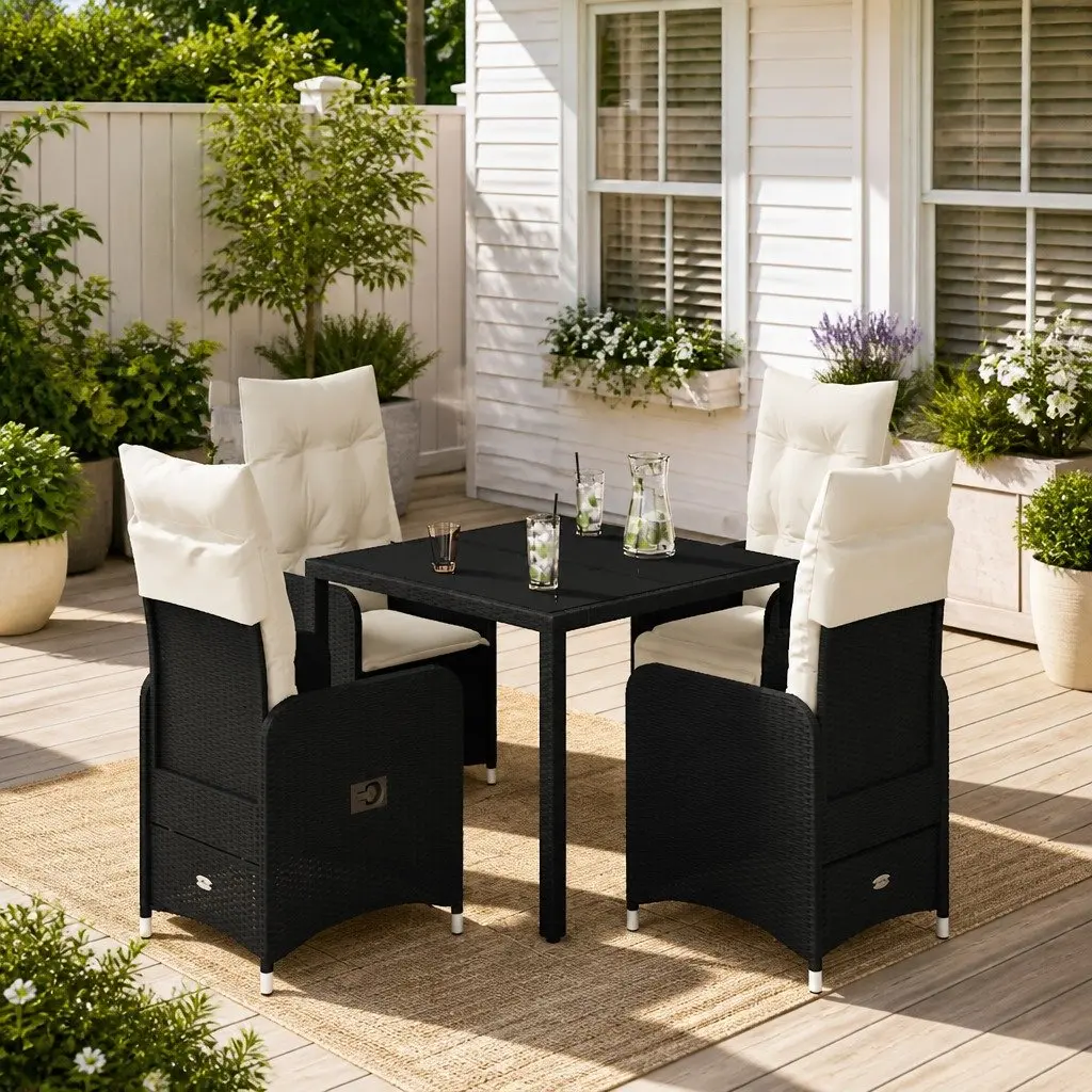 5 Piece Bistro Set PE Rattan Outdoor Furniture Black with Cushions