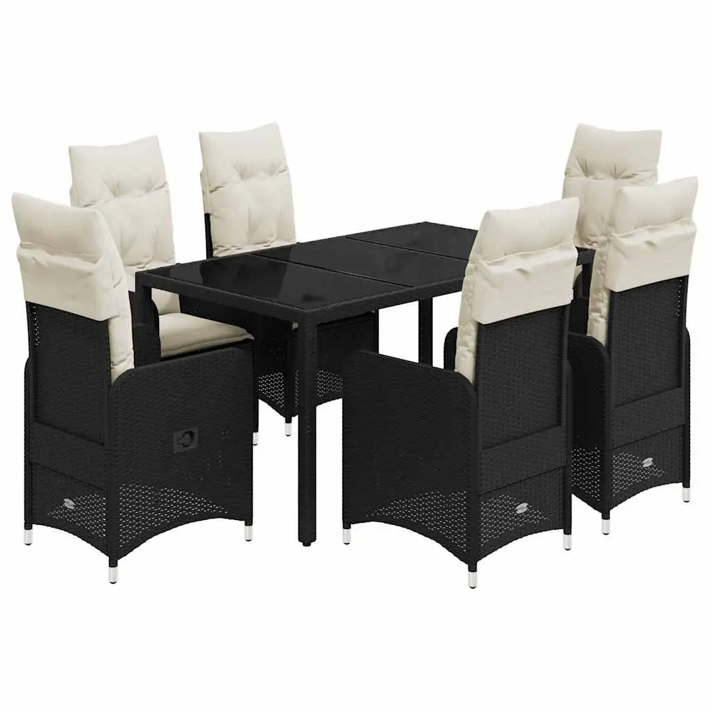 7 Piece Garden Bistro Set Outdoor Furniture Black Poly Rattan Cushions Balcony