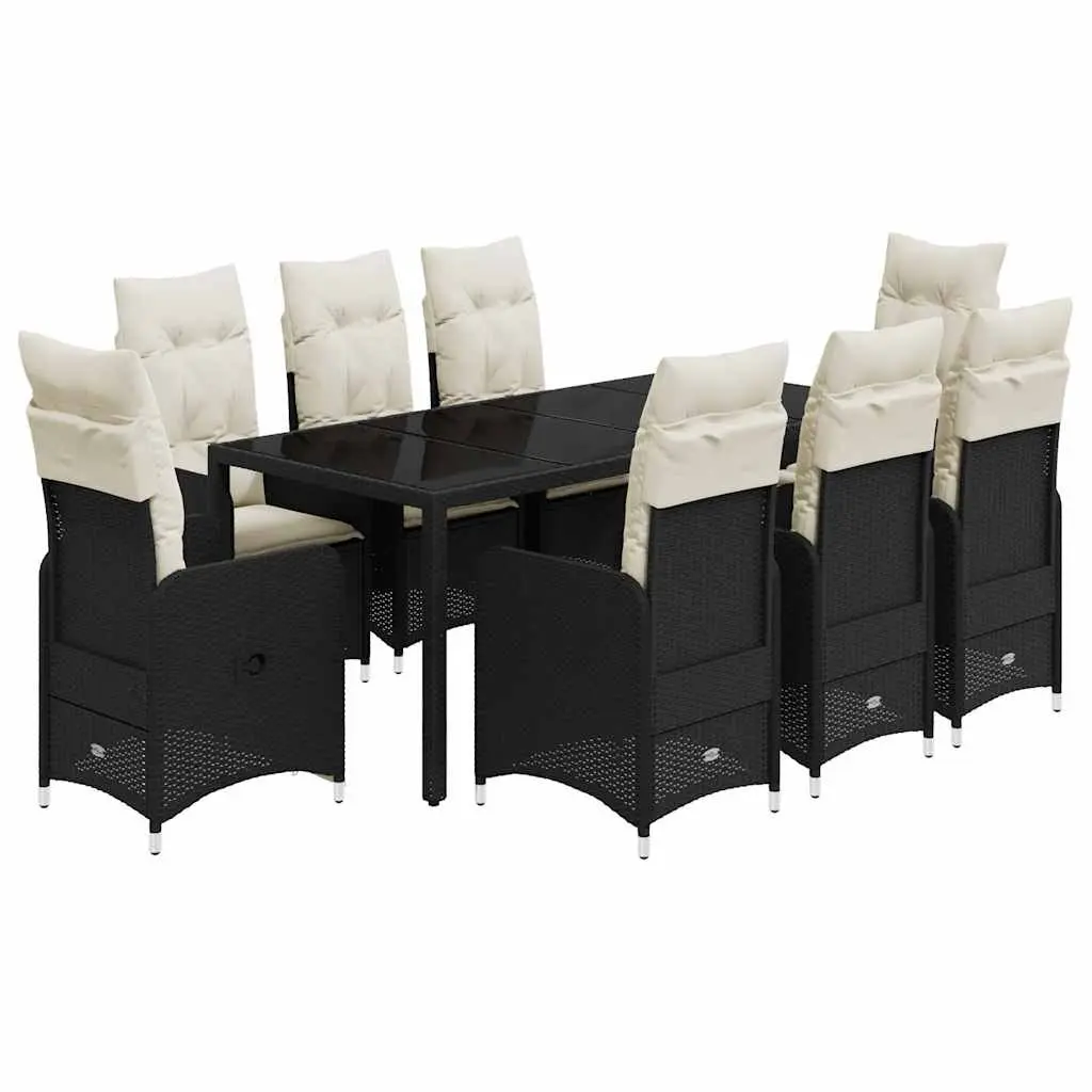Garden Bistro Set 9 Piece Poly Rattan Outdoor Furniture Black with Cushions