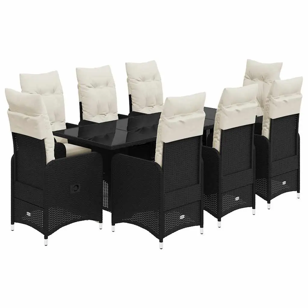 Garden Bistro Set 9 Piece Outdoor Furniture Black Poly Rattan Cushions Glass