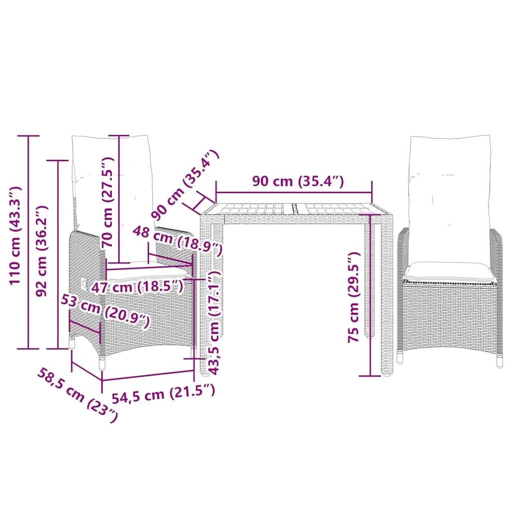 Bistro Set Poly Rattan Outdoor Furniture Grey 3 Piece with Cushions