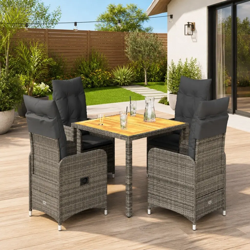 5 Piece Outdoor Bistro Set PE Rattan Grey with Acacia Wood Table and Cushions