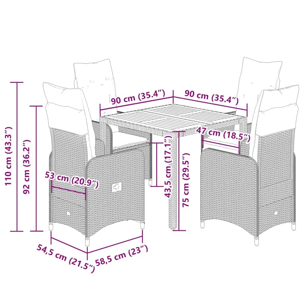 5 Piece Outdoor Bistro Set PE Rattan Grey with Acacia Wood Table and Cushions