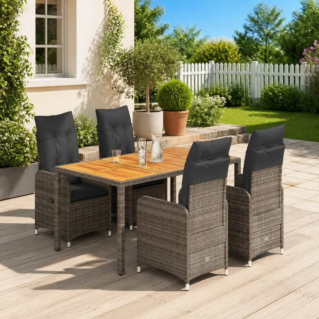 Garden Bistro Set 5 Piece PE Poly Rattan Outdoor Furniture Grey with Cushions