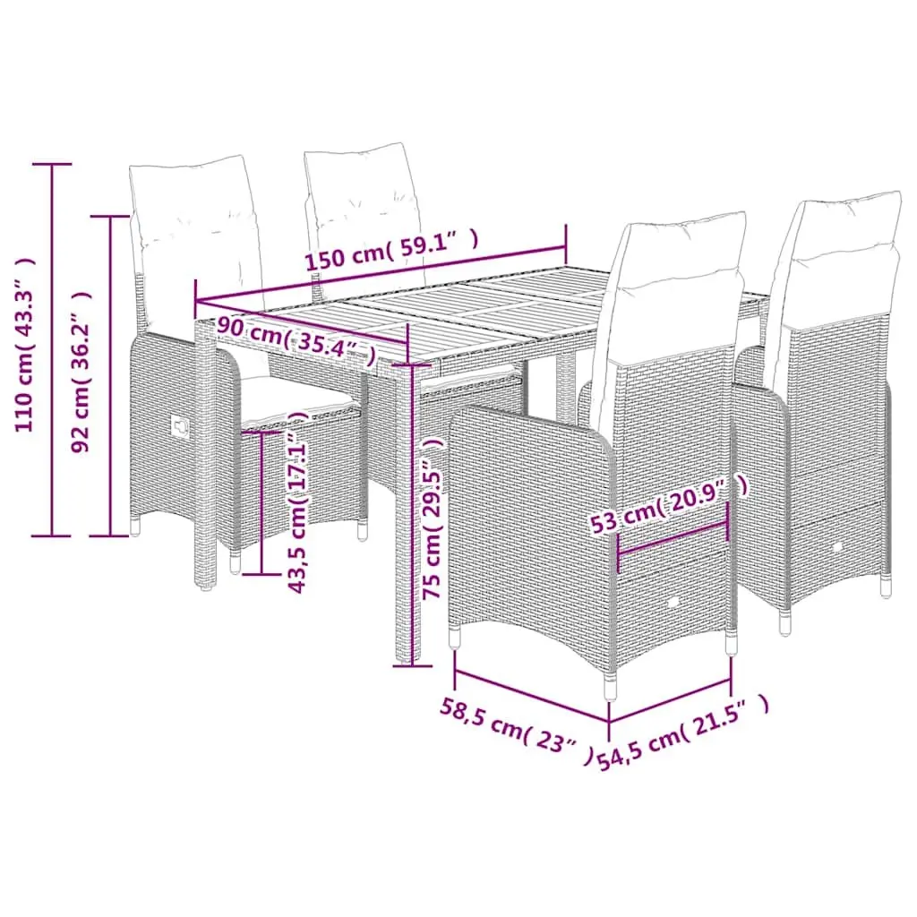Garden Bistro Set 5 Piece PE Poly Rattan Outdoor Furniture Grey with Cushions
