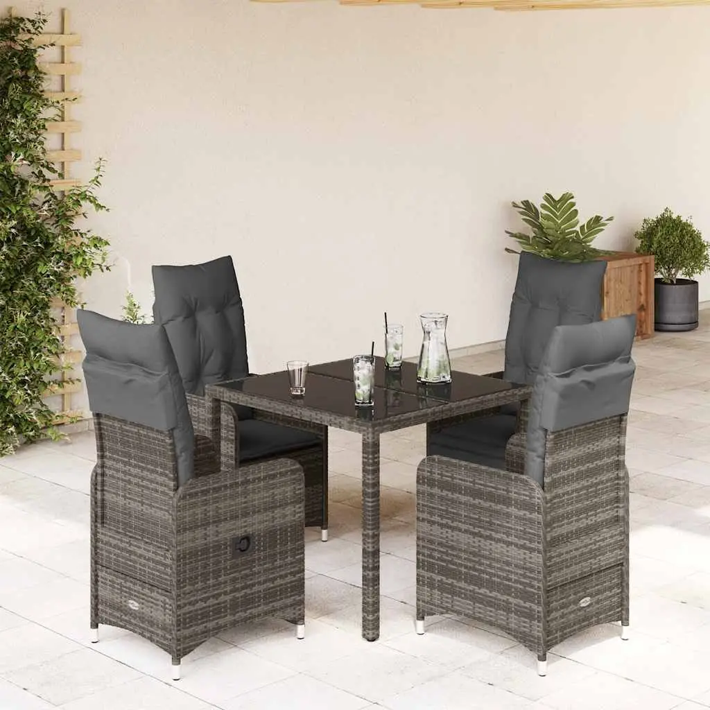 5 Piece Garden Bistro Set Poly Rattan Grey Adjustable Backrest Outdoor Furniture