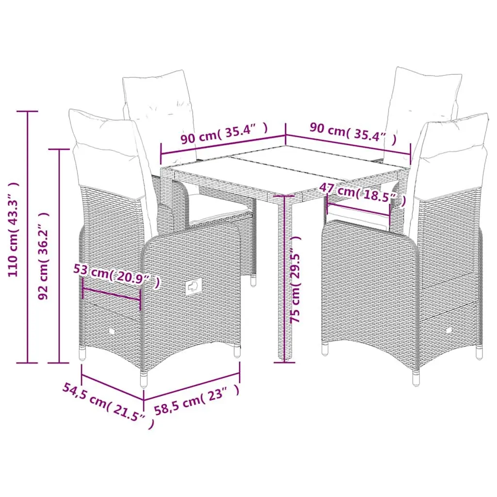 5 Piece Garden Bistro Set Poly Rattan Grey Adjustable Backrest Outdoor Furniture