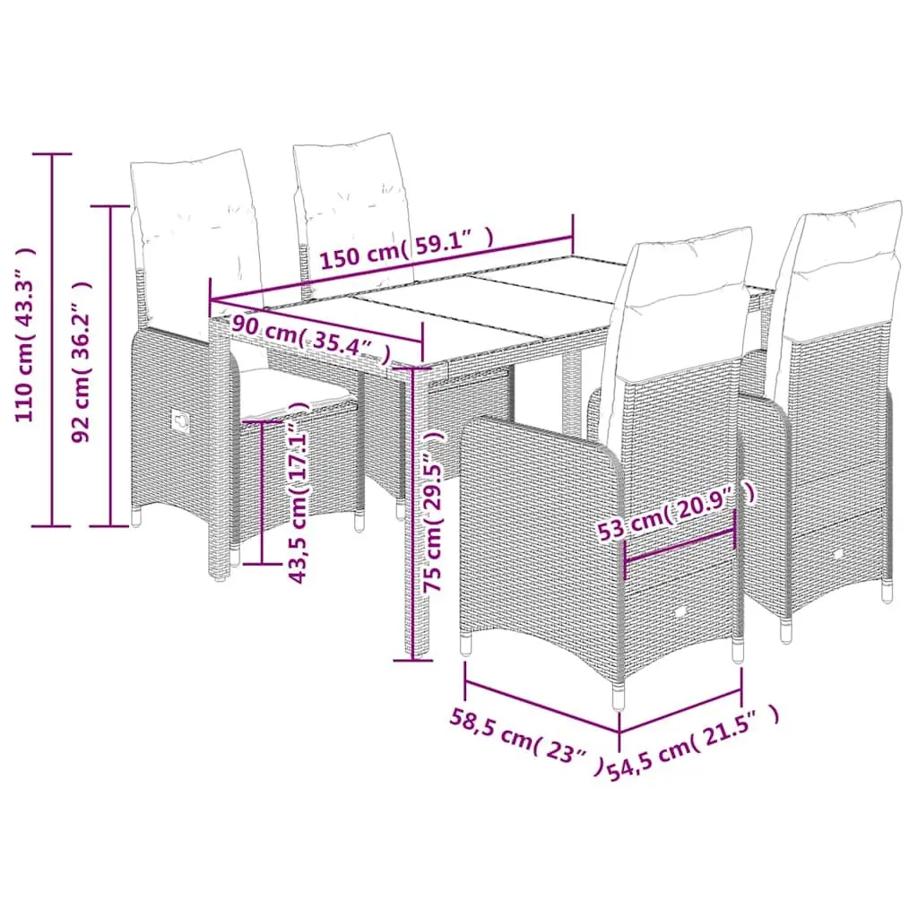 5 Piece Outdoor Bistro Set Poly Rattan Grey Garden Furniture with Cushions