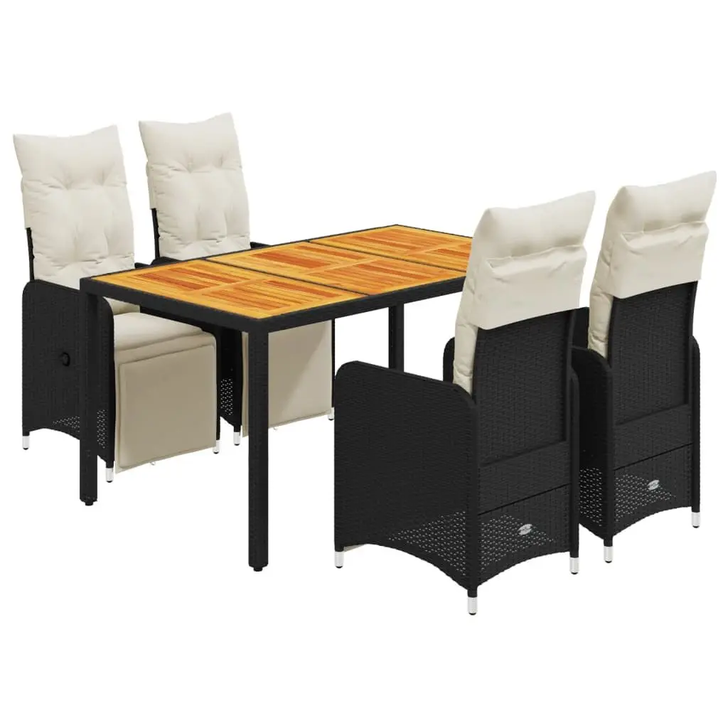 5 Piece Bistro Set Outdoor Furniture PE Rattan Black with Acacia Wood Table and Cushions