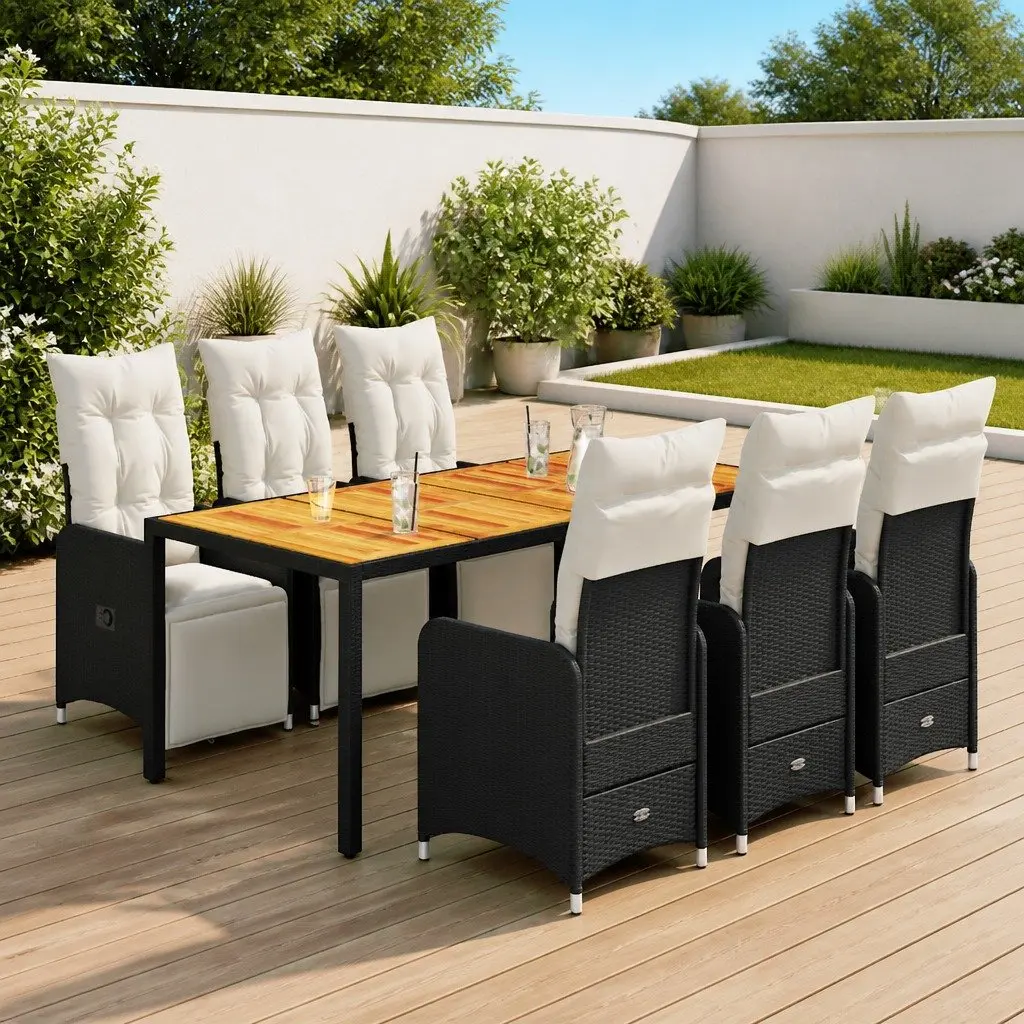 7 Piece Outdoor Bistro Set Black PE Rattan with Cushions Acacia Wood Table and Adjustable Backrest for Garden Patio and Balcony