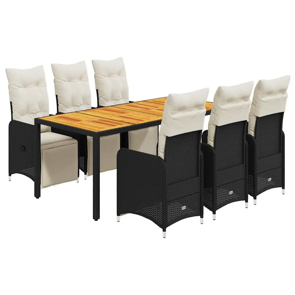 7 Piece Outdoor Bistro Set Black PE Rattan with Cushions Acacia Wood Table and Adjustable Backrest for Garden Patio and Balcony
