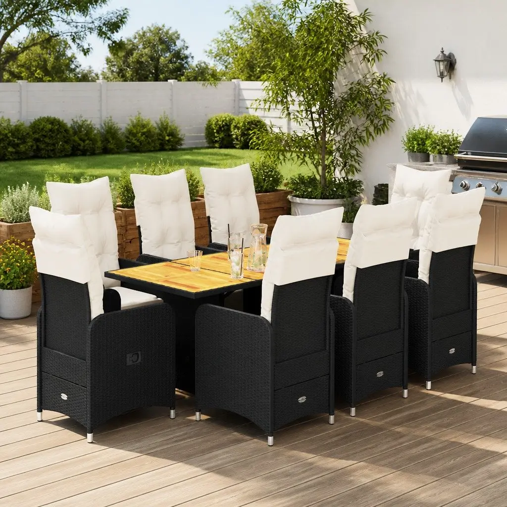 Bistro Set Outdoor Furniture Poly Rattan 9 Piece Black with Cushions
