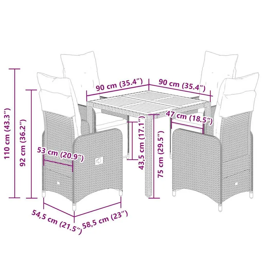5 Piece Outdoor Bistro Set Black Poly Rattan Furniture with Cushions Adjustable Backrest and Tempered Glass Tabletop