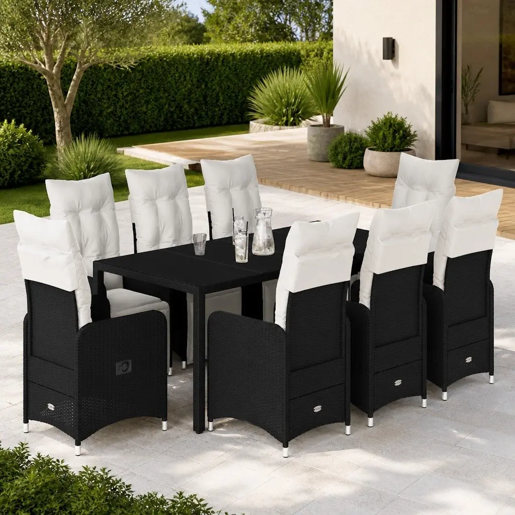 Outdoor Bistro Furniture Set PE Rattan 9 Piece Garden Seating with Cushions Black